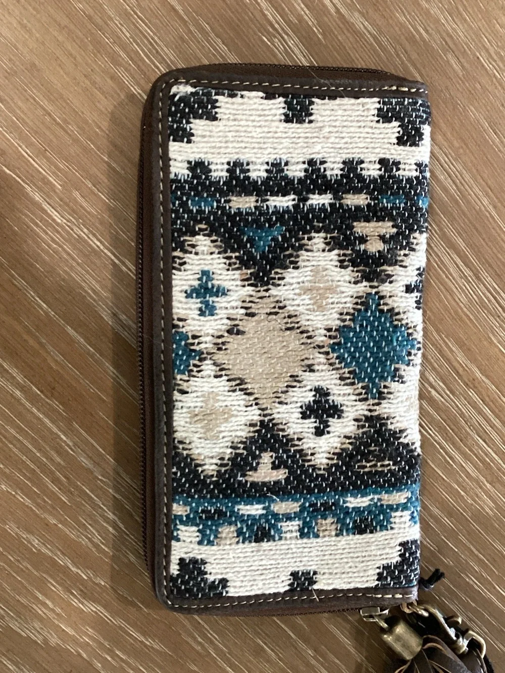 Myra Bag Teal, Cream & Brown Aztec Zip Wristlet with Tassel